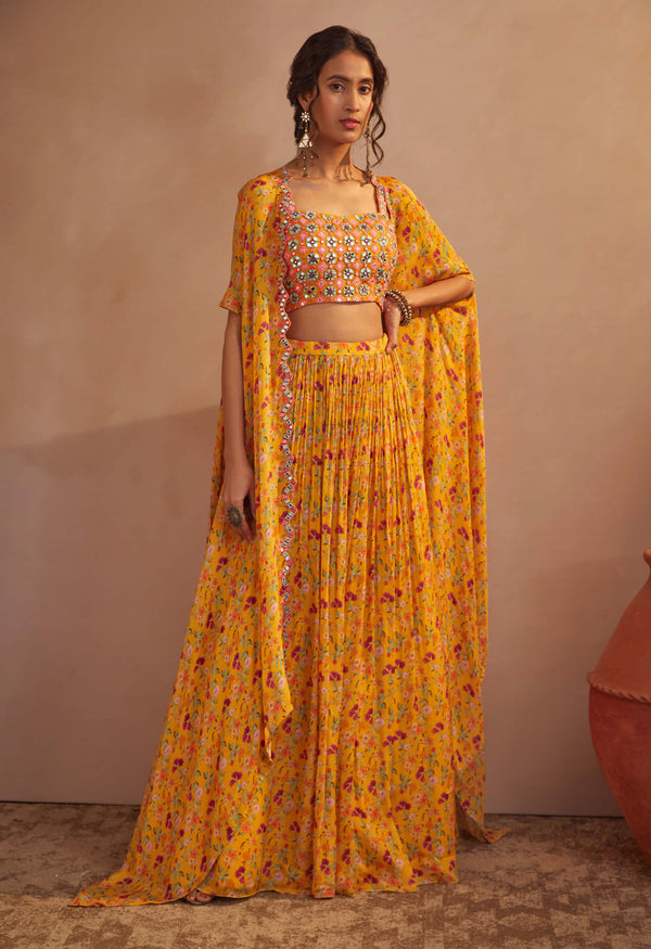 Aneesh Agarwaal-Yellow Floral Cape Skirt Set-INDIASPOPUP.COM