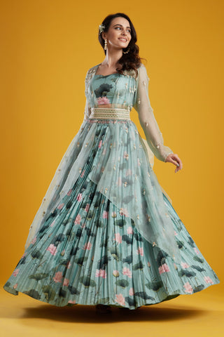 Aayushi Maniar-Aqua Printed Lehenga Set-INDIASPOPUP.COM