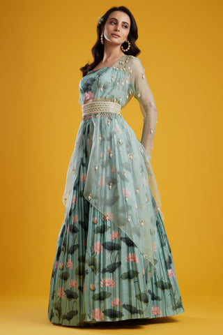 Aayushi Maniar-Aqua Printed Lehenga Set-INDIASPOPUP.COM