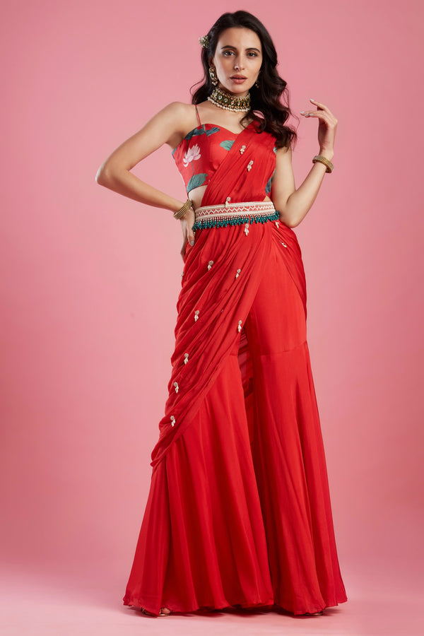 Aayushi Maniar-Red Gharara Saree Set-INDIASPOPUP.COM