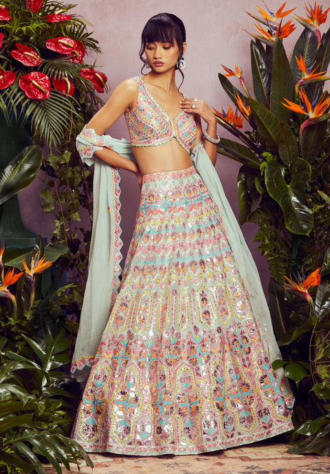 Aneesh Agarwaal-Multicolor Floral Lehenga Set-INDIASPOPUP.COM