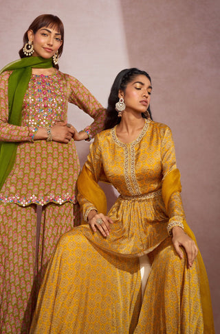 Aneesh Agarwaal-Mustard Yellow Cicrles Peplum And Sharara-INDIASPOPUP.COM