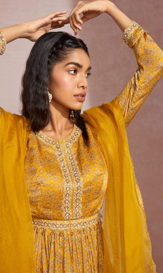 Aneesh Agarwaal-Mustard Yellow Cicrles Peplum And Sharara-INDIASPOPUP.COM