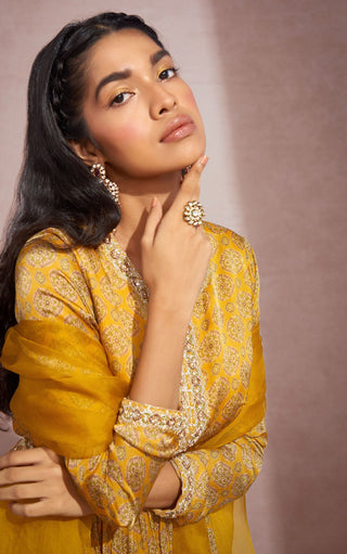 Aneesh Agarwaal-Mustard Yellow Cicrles Peplum And Sharara-INDIASPOPUP.COM