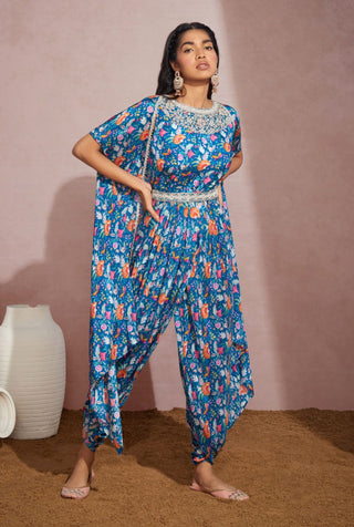 Aneesh Agarwaal-Royal Blue Floral Cape With Jumpsuit And Belt-INDIASPOPUP.COM