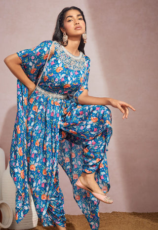 Aneesh Agarwaal-Royal Blue Floral Cape With Jumpsuit And Belt-INDIASPOPUP.COM