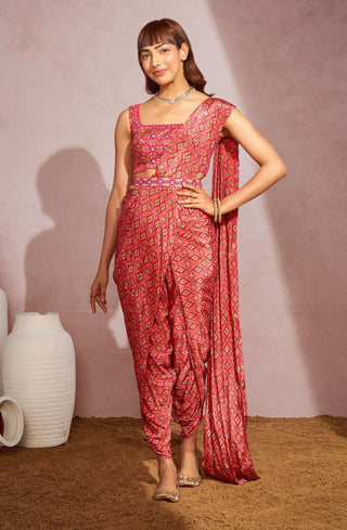 Aneesh Agarwaal-Red Diamond Dhoti Saree, Blouse And Belt-INDIASPOPUP.COM
