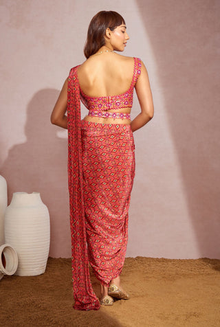 Aneesh Agarwaal-Red Diamond Dhoti Saree, Blouse And Belt-INDIASPOPUP.COM