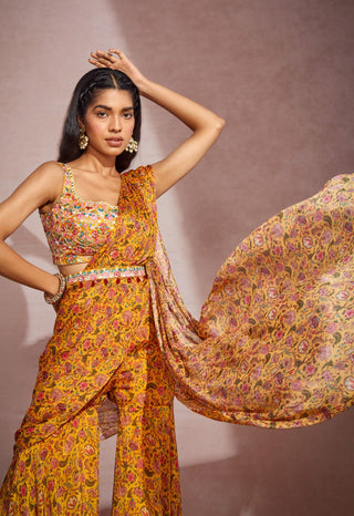 Aneesh Agarwaal-Yellow Paisely Sharara Sharara Saree Set-INDIASPOPUP.COM