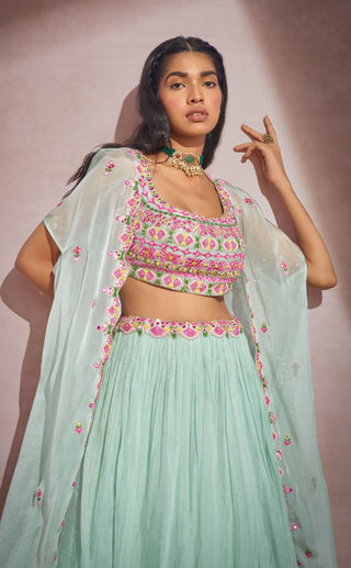 Aneesh Agarwaal-Aqua Linear Skirt With Blouse And Cape-INDIASPOPUP.COM