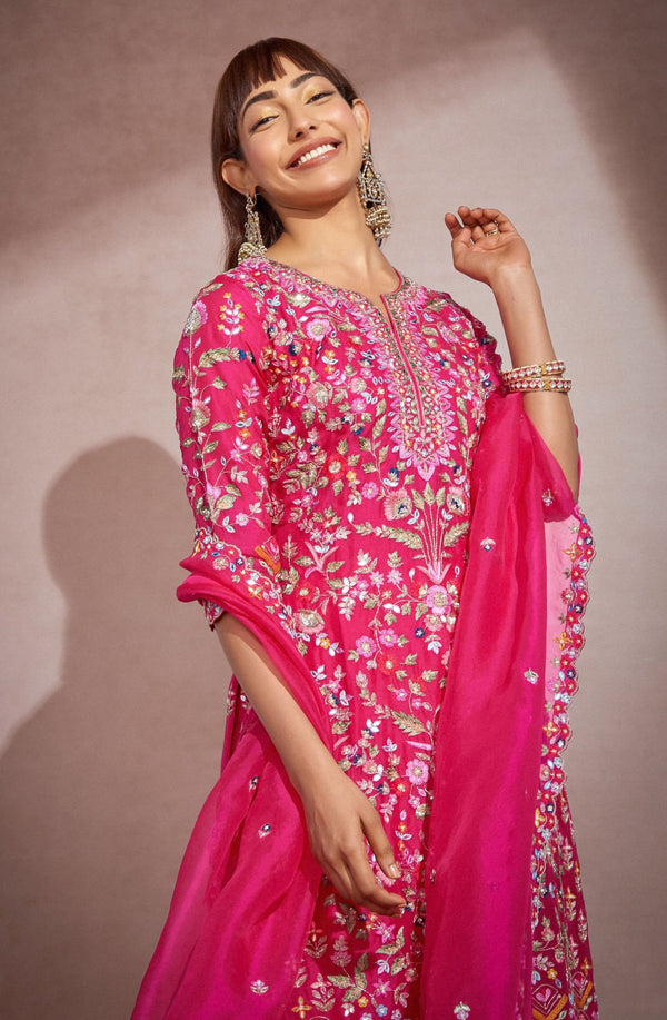 Aneesh Agarwaal-Fushcia Pink Embroidery Kurta Set-INDIASPOPUP.COM