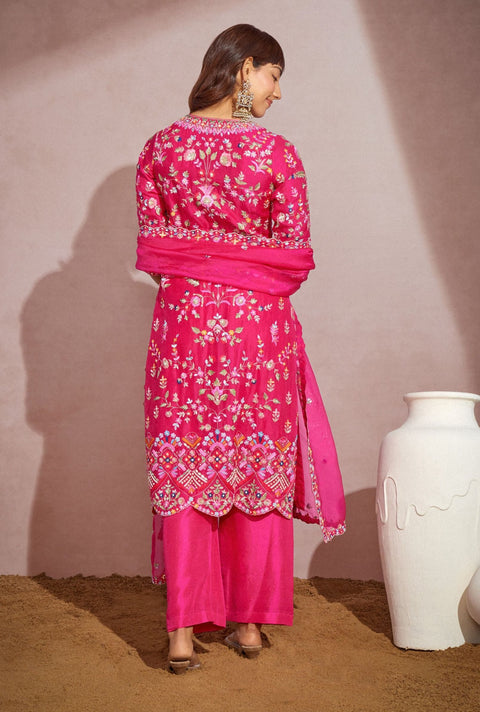 Aneesh Agarwaal-Fushcia Pink Embroidery Kurta Set-INDIASPOPUP.COM