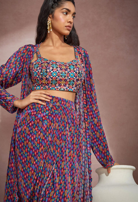 Aneesh Agarwaal-Multicolor Printed Wrap Skirt With Bustier And Jacket-INDIASPOPUP.COM