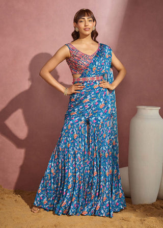 Aneesh Agarwaal-Royal Blue Sharara Saree Set-INDIASPOPUP.COM