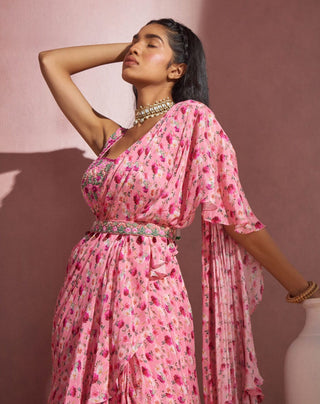 Aneesh Agarwaal-Rose Pink Drape Saree Set-INDIASPOPUP.COM