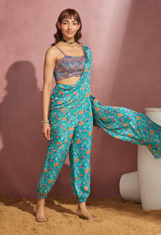 Aneesh Agarwaal-Teal Floral Jumpsuit With Drape Saree And Blouse-INDIASPOPUP.COM