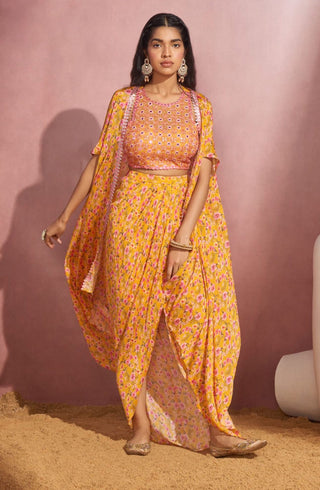 Aneesh Agarwaal-Yellow Wrap Skirt With Cape And Blouse-INDIASPOPUP.COM