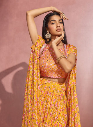 Aneesh Agarwaal-Yellow Wrap Skirt With Cape And Blouse-INDIASPOPUP.COM