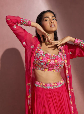 Aneesh Agarwaal-Fushcia Pink Skirt With Cape And Blouse-INDIASPOPUP.COM