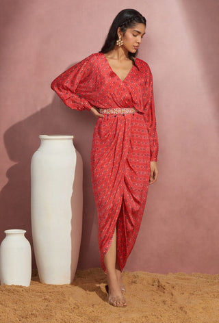 Aneesh Agarwaal-Red Printed Wrap Dress-INDIASPOPUP.COM