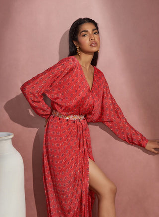 Aneesh Agarwaal-Red Printed Wrap Dress-INDIASPOPUP.COM