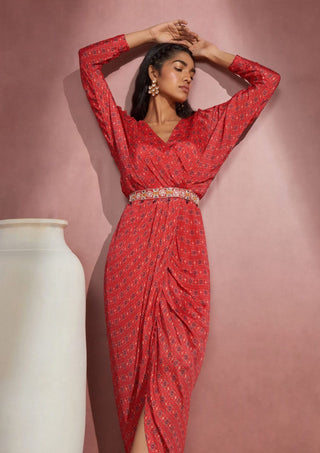 Aneesh Agarwaal-Red Printed Wrap Dress-INDIASPOPUP.COM