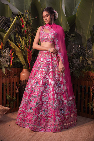 Aneesh Agarwaal-Pink Tropical Lotus Lehenga Set-INDIASPOPUP.COM