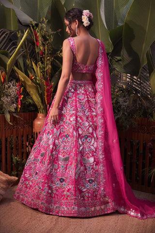 Aneesh Agarwaal-Pink Tropical Lotus Lehenga Set-INDIASPOPUP.COM