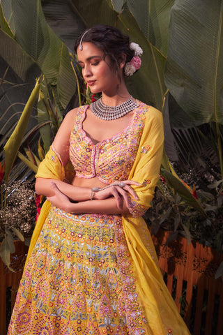 Aneesh Agarwaal-Yellow Floral Lehenga Set-INDIASPOPUP.COM