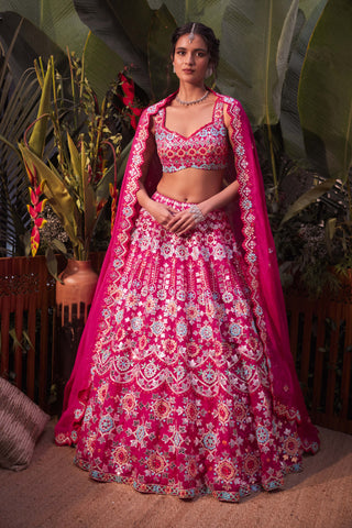 Aneesh Agarwaal-Magenta Pink Floral Lehenga Set-INDIASPOPUP.COM