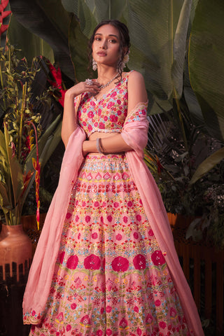 Aneesh Agarwaal-Pink Applique Lehenga Set-INDIASPOPUP.COM