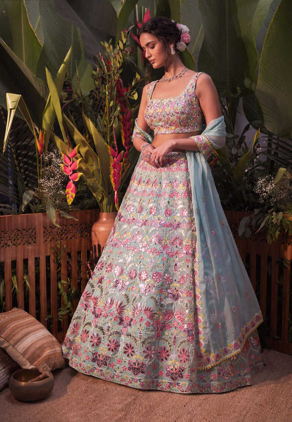 Aneesh Agarwaal-Turquoise Floral Lehenga Set-INDIASPOPUP.COM