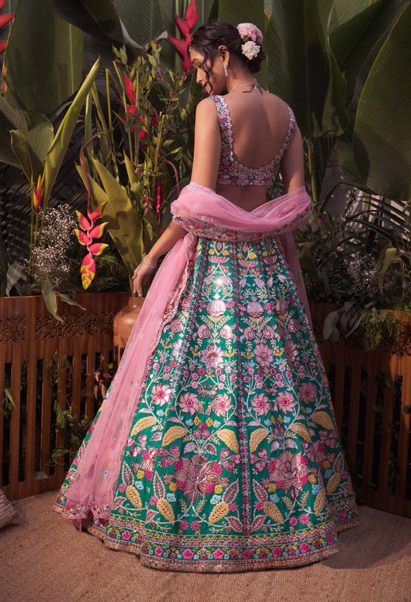 Aneesh Agarwaal-Green Multicolour Lehenga Set-INDIASPOPUP.COM