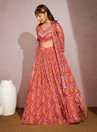 Aneesh Agarwaal-Orange Floral Cape With Skirt And Blouse-INDIASPOPUP.COM
