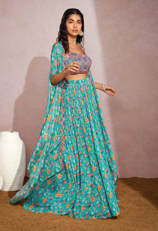 Aneesh Agarwaal-Teal Floral Cape With Skirt And Blouse-INDIASPOPUP.COM