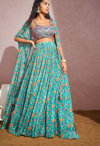 Aneesh Agarwaal-Teal Floral Cape With Skirt And Blouse-INDIASPOPUP.COM