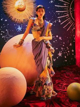 Aisha Rao-Violet Printed Saree Set-INDIASPOPUP.COM