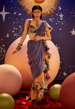Violet Printed Sari And Blouse