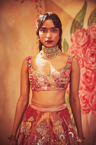 Aisha Rao-Maroon Embellished Brocade Lehenga Set-INDIASPOPUP.COM