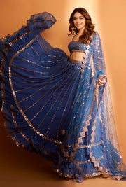 Dull Blue Linear Drop Tier Lehenga