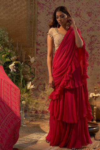 Rani Pink Belted Layered Saree