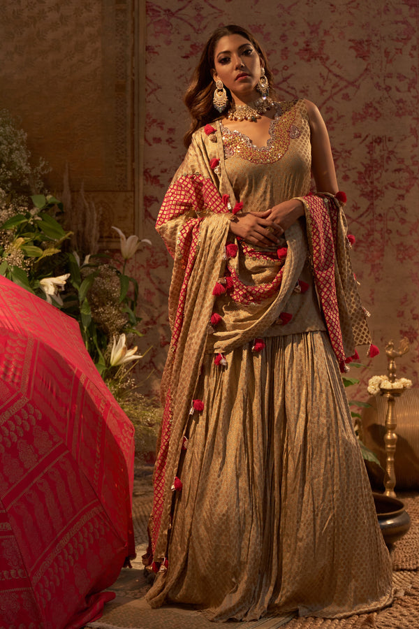 Gold Printed Lehenga Set