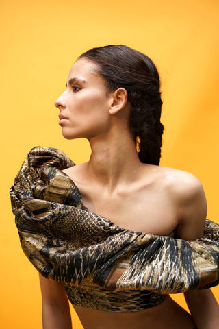 Nikita Mhaisalkar-Brown Python Print Off-Shoulder Top-INDIASPOPUP.COM