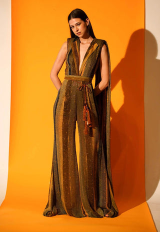 Nikita Mhaisalkar-Green Stripe Print Jumpsuit Saree-INDIASPOPUP.COM