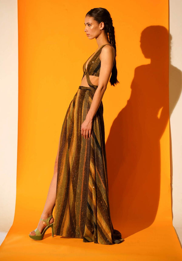 Nikita Mhaisalkar-Green Stripe High Slit Dress-INDIASPOPUP.COM