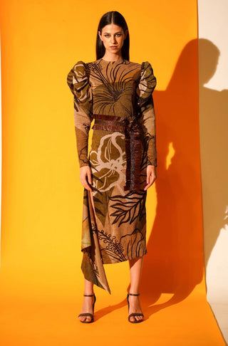 Nikita Mhaisalkar-Tropical Brown Slit Dress-INDIASPOPUP.COM