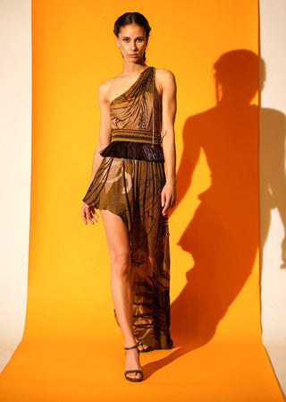 Nikita Mhaisalkar-Tropical Brown One Shoulder Dress-INDIASPOPUP.COM
