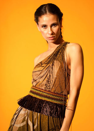 Nikita Mhaisalkar-Tropical Brown One Shoulder Dress-INDIASPOPUP.COM