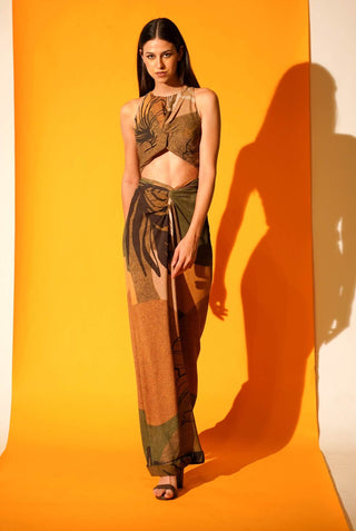 Nikita Mhaisalkar-Tropical Brown Print Top With Pant-INDIASPOPUP.COM