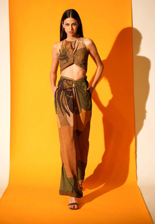 Nikita Mhaisalkar-Tropical Brown Print Top With Pant-INDIASPOPUP.COM